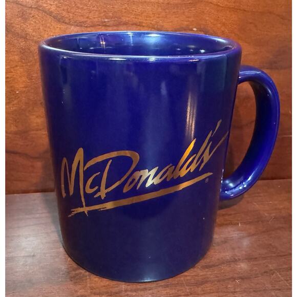 Vintage McDonald's Mug Blue Gold Script Logo Ceramic Restaurant Coffee Cup - Picture 1 of 6